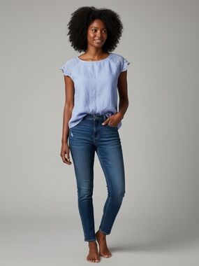 Light Blue Lace Cap-Sleeve Blouse - Women